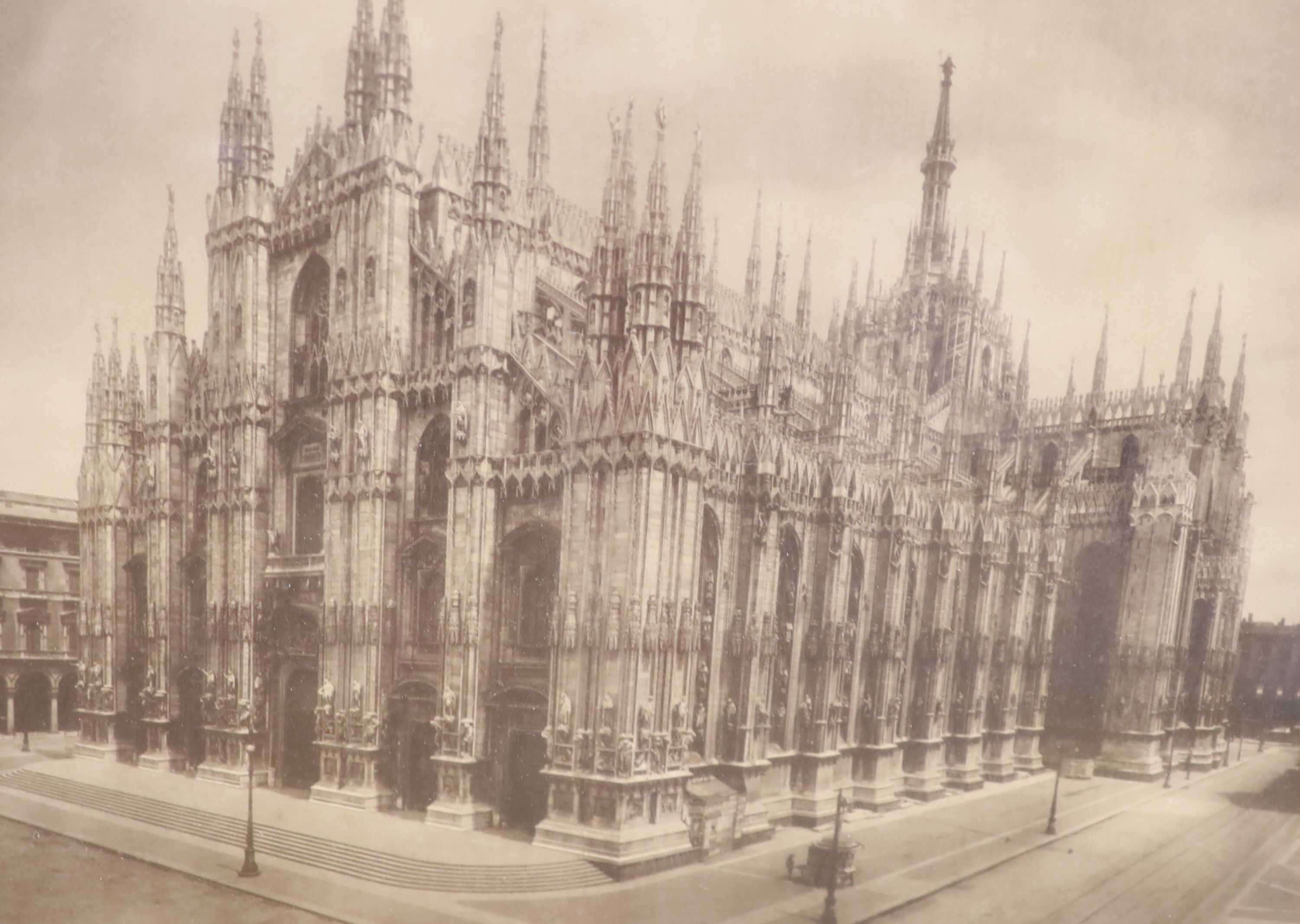 Two early 20th century black and white photographs of a cathedral and interior, 33 x 42cm and 56 x 46cm